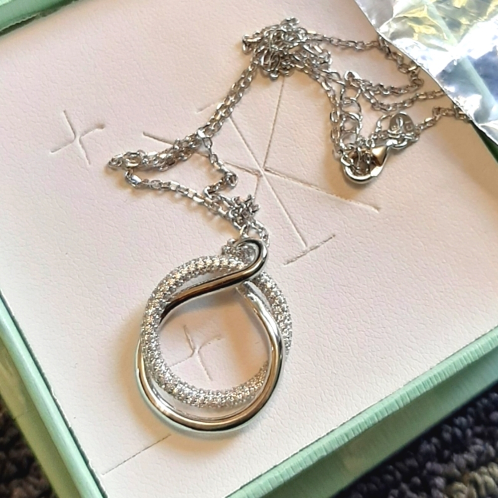 Sterling Silver Double Hoop  Necklace with Cubic Zirconia Stones